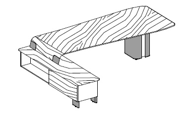 Письменный стол и встроенная боковая приставка: столешница и боковины в дереве, опоры обтянуты кожей, 2 отделения для шкафов