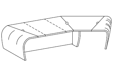 Письменный стол с кожаным верхом и боковой приставкой слева или справа, деревянными изогнутыми боками и длинной передней панелью