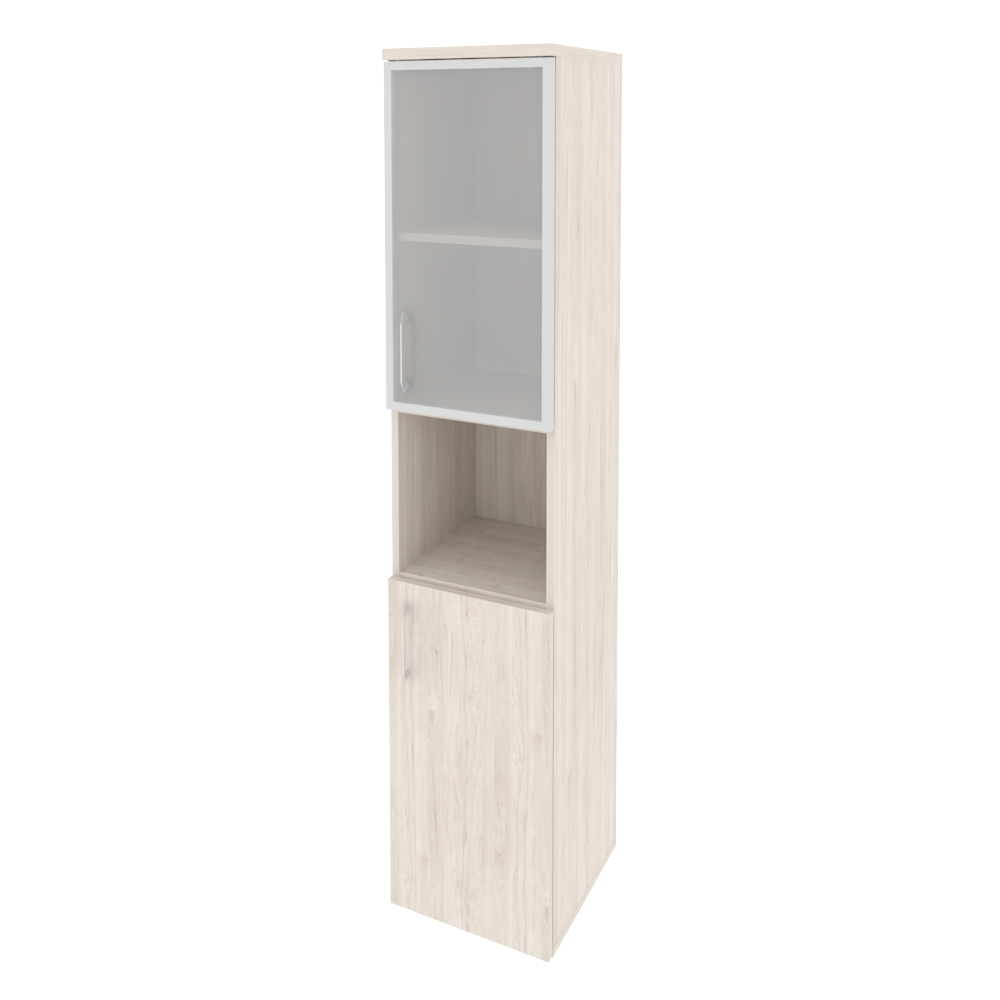 Шкаф высокий узкий правый (1 низкий фасад ЛДСП + 1 низкий фасад стекло в раме)
