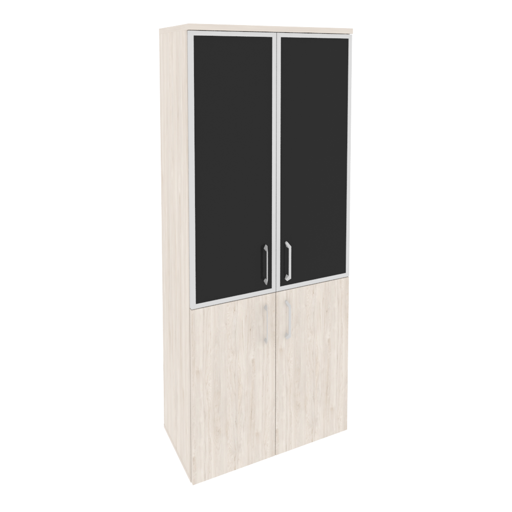 Шкаф высокий широкий (2 низких фасада ЛДСП + 2 средних фасада стекло лакобель в раме)