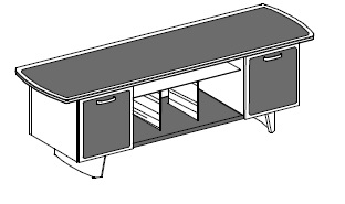 Шкаф-CONSOLLE: две тумбы с дверками в коже и стеклянными полками, топ и центр. часть шкафа в коже, мет. ручки