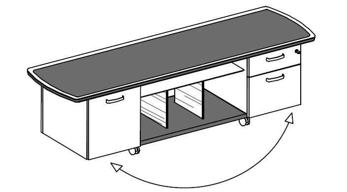 Приставка на колесиках: тумба с 2-мя ящиками (один ящик-картотека) и тумба с дерев. дверкой, топ и центр. часть в коже, мет. ручки