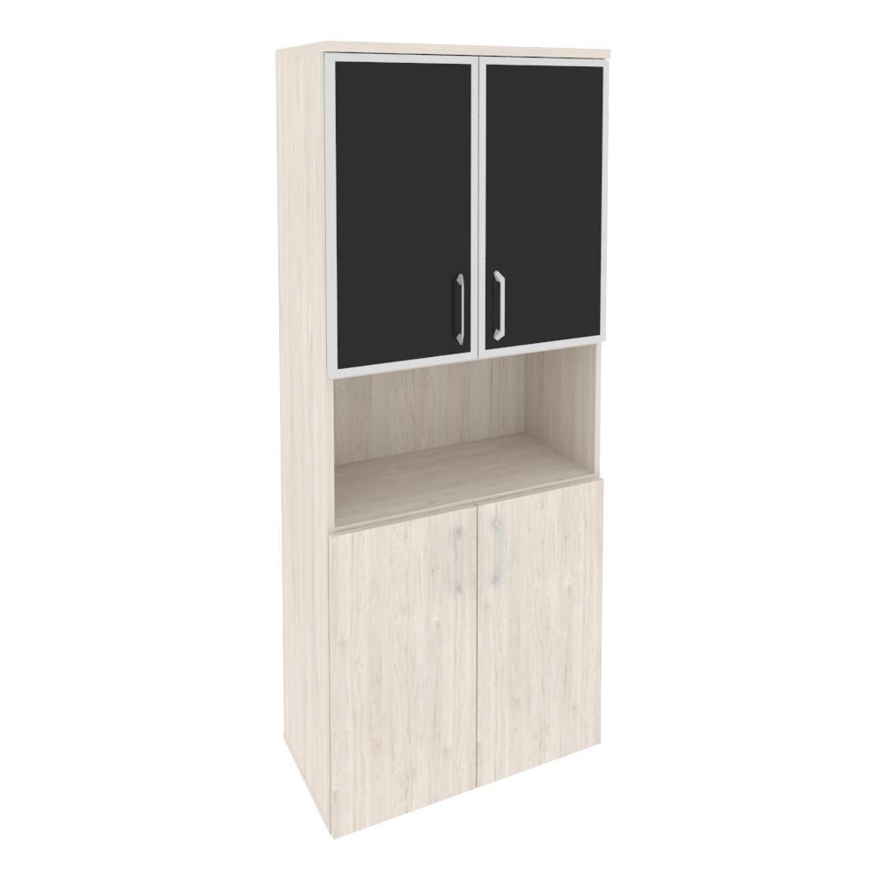 Шкаф высокий широкий (2 низких фасада ЛДСП + 2 низких фасада стекло лакобель в раме)