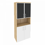 Шкаф высокий широкий (2 низких фасада ЛДСП + 2 низких фасада стекло лакобель в раме) Onix Wood/Оникс Вуд O.ST-1.4R white/black/mate