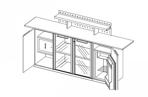 Комод с надстойкой с 2 стеклянными дверьми,с 2 деревянными дверьми,сейфом и холодильником